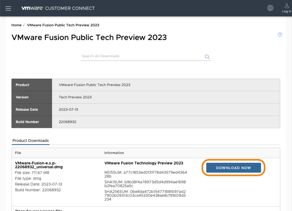 VMware Fusion TP 2023のダウンロード01